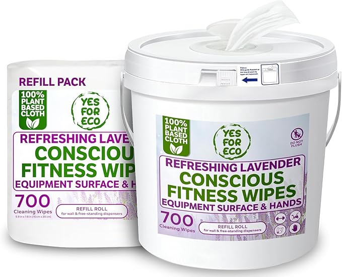 Plant-Based Eco-Conscious Fitness Wipes – 2x700 Count Refill + Reusable Dispenser Bucket | Infused with Lavender & Tea Tree Oil | All-Purpose Cleaning Wipes for Yoga, Pilates, and Gym Equipment