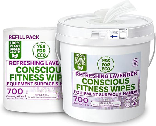 Plant-Based Eco-Conscious Fitness Wipes ??2x700 Count Refill + Reusable Dispenser Bucket | Infused with Lavender & Tea Tree Oil | All-Purpose Cleaning Wipes for Yoga, Pilates, and Gym Equipment