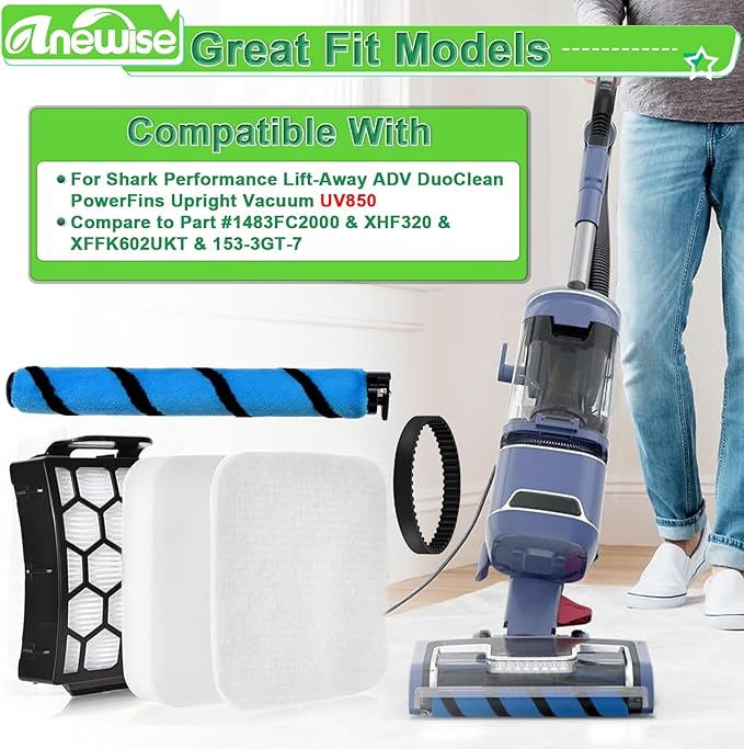 Filter Brush Belt Replacement Parts for Shark UV850 Performance Lift-Away ADV DuoClean PowerFins Upright Vacuum, 1 Brush Roll+2 HEPA +4 Filters+2 Belts, Part #1483FC2000 & XHF320 & XFFK602UKT