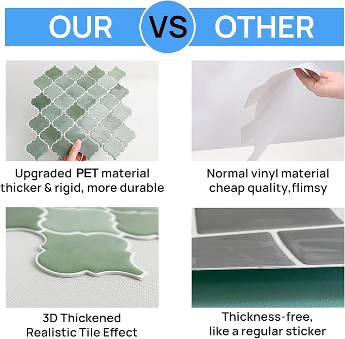 Arabesque Peel and Stick Backsplash for Kitchen, Thicker Design 3D Self Adhesive Wall Tiles, 12"x12" Peel and Stick Wall Tiles, Mix Green 10-Sheet Stick on Tile for Kitchen and Bathroom.