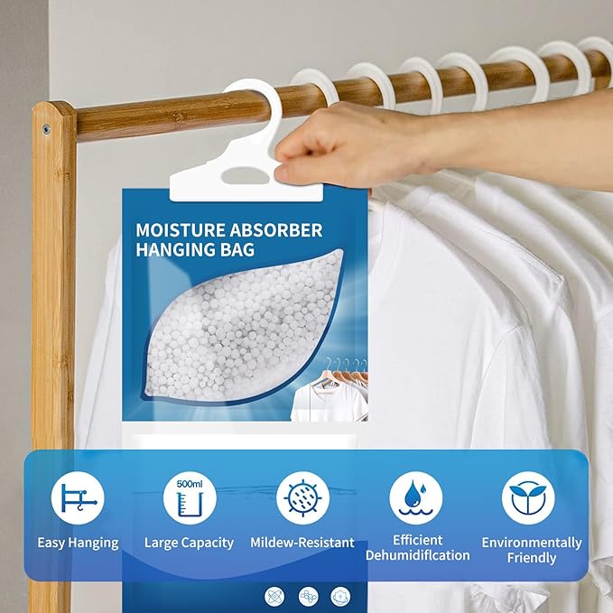 Hanging High-Purity Moisture Absorber, 10 Pack with Activated Carbon, eliminates Musty Odors During humid Summers, Ideal for Drawers and wardrobes,15% Greater Moisture Absorption. (169 oz)
