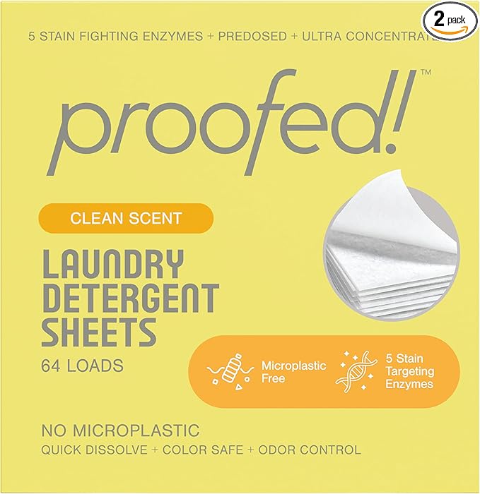 Proofed! Laundry Detergent Sheets, 64 Count, Clean Scent, The Only 100% Plastic-Free Sheet, No PVA or PVOH, Hypoallergenic, Bio-Based Ingredients, Made in USA, 2 Boxes