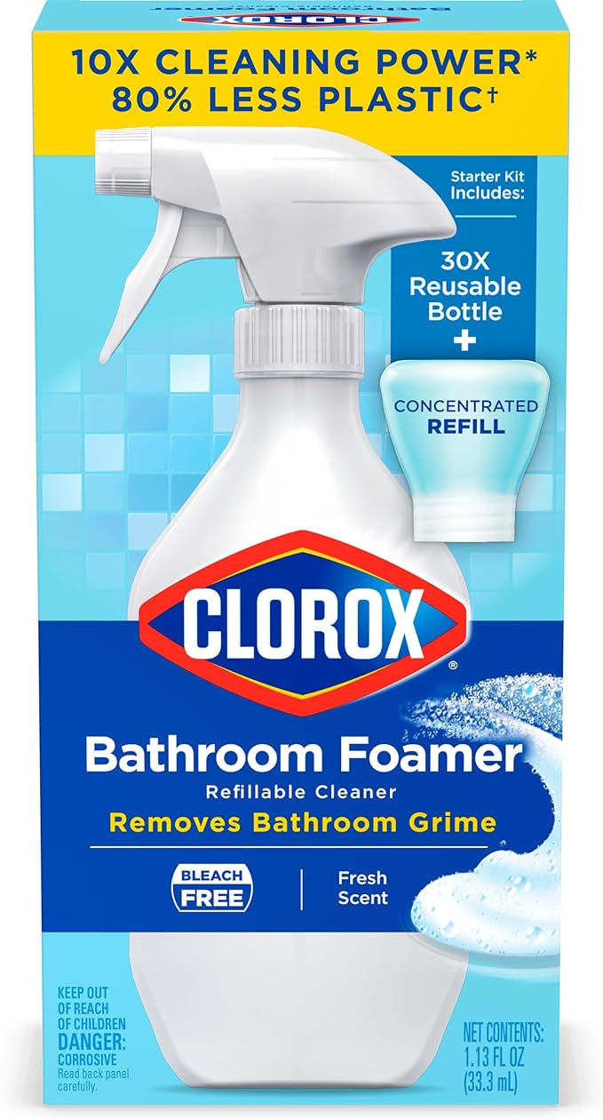 Clorox Bathroom Foamer Refillable Cleaner, Household Essentials, 1 Bottle and 1 Refill, Fresh Scent, 1.13 Fl Oz