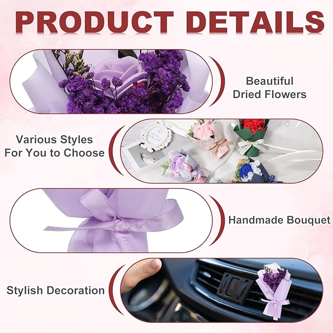 uxcell Light Purple Small Bouquet Car Air Freshener Vent Clips, Mini Decorative Rose Bouquet with Fragrance Diffuser for Women, Automotive Air Freshener Decoration, Style 4