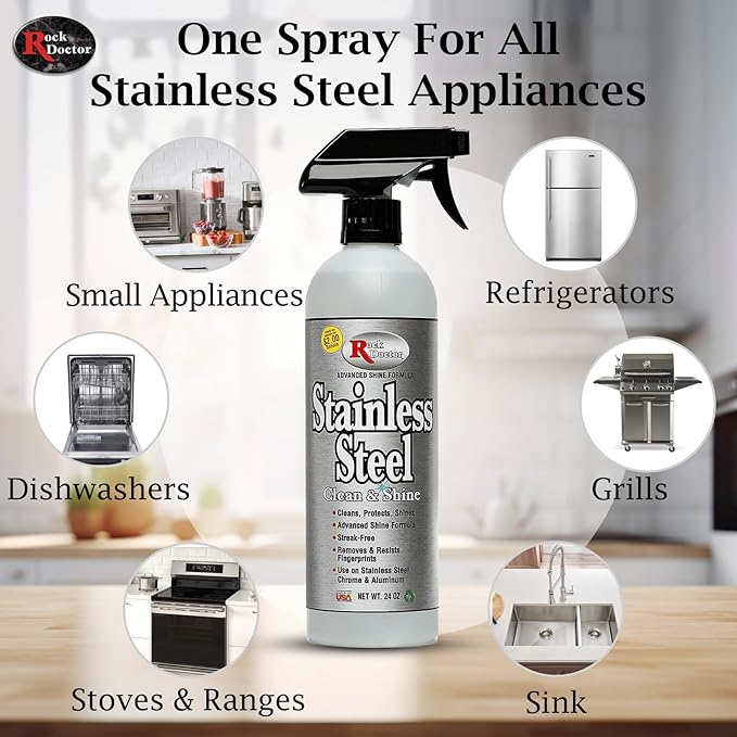 Rock Doctor Stainless Steel Cleaner and Polish, Streak-Free Cleaning Solution for Chrome and Aluminium, Stainless Appliance Cleaner, Stainless Steel Cooktop Cleaner, 24 oz. Spray Bottle, Pack of 1