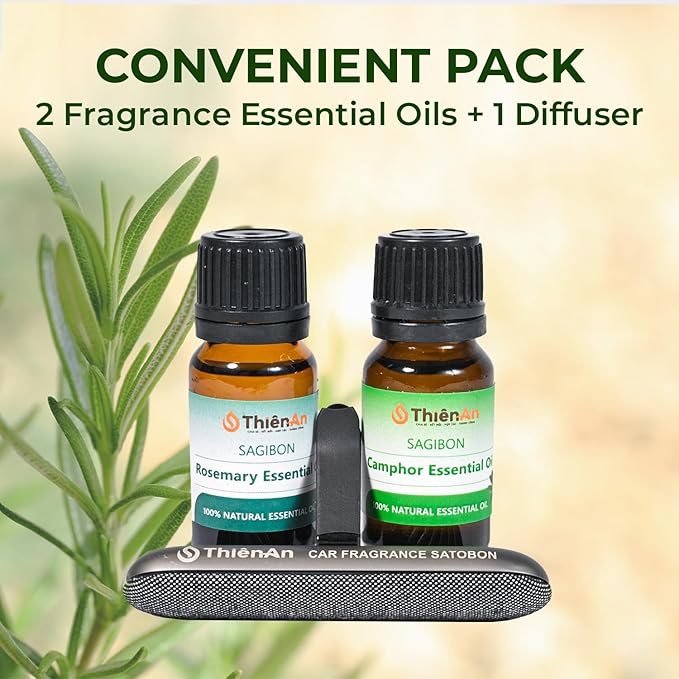 THIEN AN - Car Air Fresheners Set Rosemary and Eucalyptus Scents Natural Car Fragrance Satobon with Car Diffuser (10ml) Car Vent Clips, Refillable Car Air Fresheners