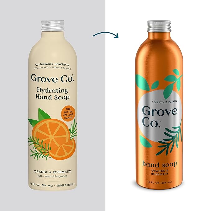 Grove Co. Hydrating Gel Hand Soap Refills (2 x 13 Fl Oz) + 1 x Reusable Glass Soap Dispenser, Plastic-Free & Liquid Refillable Starter Kit, Natural Orange & Rosemary Fragrance