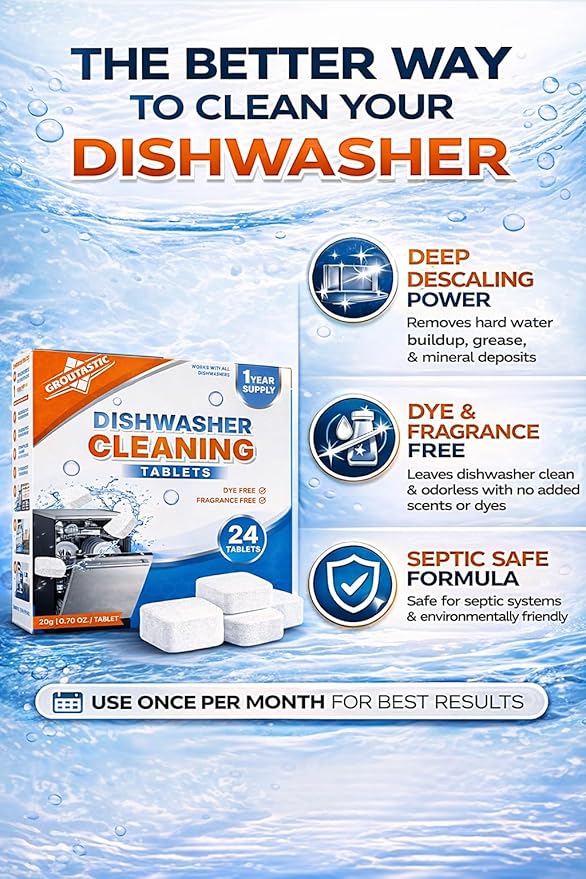 Dishwasher Cleaner and Deodorizer Tablets 24 Pack Dye Free and Fragrance Free Deep Cleaning Descaler Pods for inside your Dishwashers Septic Safe Monthly Maintenance | Groutastic