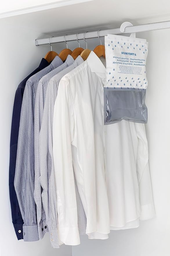 HUMYDRY Hanging Moisture Absorber for Closets, Pack of 6 Unscented 15.9 Oz Dehumidifier Bags, Non Electric Humidity Absorbers for Wardrobes Clothes Storage Areas and Small Enclosed Spaces