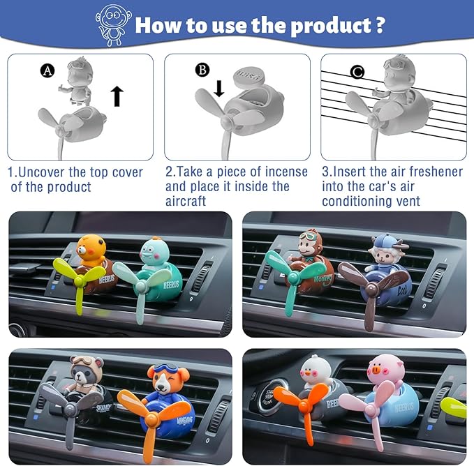 2Pcs Pilot Car Air Fresheners, Cute Rabbit Car Vent Clip Air Freshener with 8 Fragrant Tablets Automotive Air Outlet Fan Diffuser, Automotive Interiors Vent Decoration (Monkey+Rabbit)