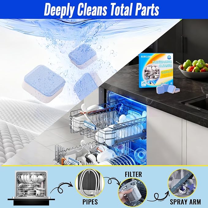 24 Pack BUBCLEAN Dishwasher Cleaner＆Deodorizer Tablets, Deep Cleaning Descaler for Dishwasher, Natural Odor, Limescale, Grease, Calcium ＆ Smell Remover, Septic Safe with Lemon Scent - 12 Month Supply