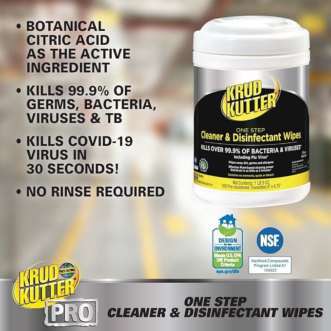 Krud Kutter Pro 367508 One Step Cleaner & Disinfectant Wipes, 160 Wipes
