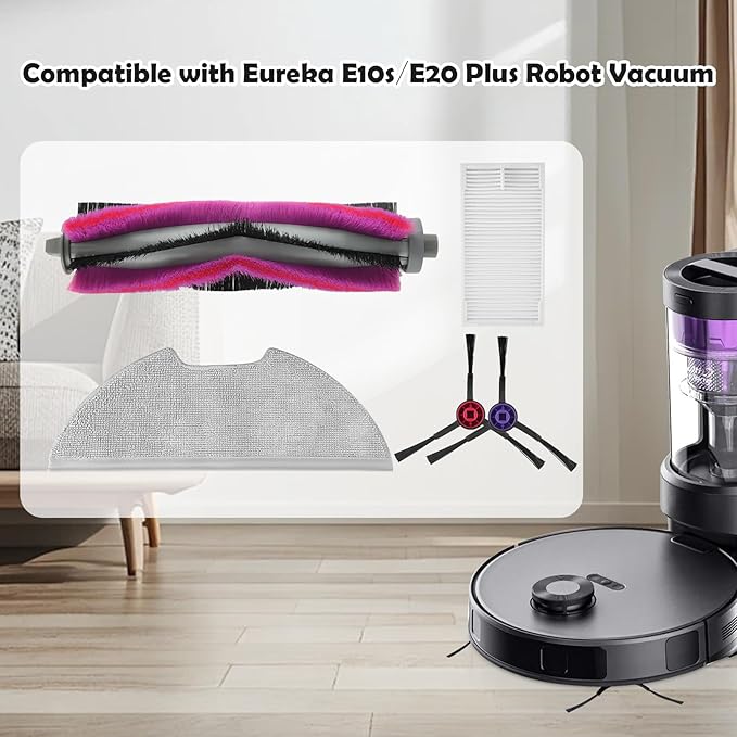 18 Pack E10s Accessories Kit Replacement Compatible with Eureka E10S / E20 Plus Robot Vacuum Cleaner, 1 Main Roller Brushes, 8 Side Brushes, 4 Hepa Filters, 4 Mop Pads,1 Cleaning Brush