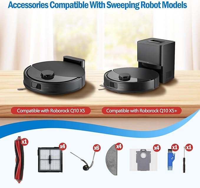 21 Pcs Q10 X5 Accessories Kit for Roborock Q10 X5+/Q10 X5 Robot Vacuum Replacement Parts, 1 Main Brush, 4 HEPA Filters, 4 Mop Pads, 4 Dust Bags, 6 Side Brushes, 2 Tools