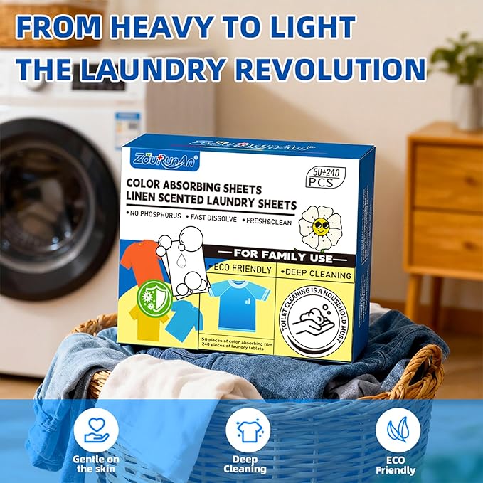 2-in-1 Laundry Detergent Sheets & Color Catcher Sheets - 290 Loads, Fast Dissolve Hypoallergenic Stain Remover, No Color Bleeding Fresh Linen Scent for Home Dorms Travel