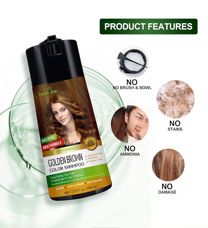 Herbishh Color Enriched Shampoo for Gray Hair Golden Brown 400 ML + Hair Color Stain Remover Wipes - Travel Pack With 5 Wipes