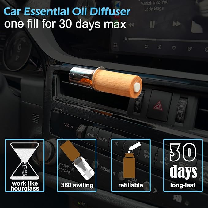 Refillable Car Essential Oil Diffuser with Lemon Oil (10ml), 30 Days’ Vent Clip Air Freshener Commuter Aromatherapy Non-toxic Strong Natural Fragrance Odor-fighting Fresh Scent for Women Men (1 Set)