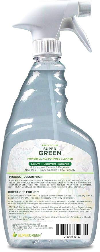 SuperGreen Powerful All-Purpose Cleaner and Degreaser | USDA Certified Bio-Based, Non-toxic, NO Ammonia or Phosphates, Cucumber Fragrance. 32 Fluid Ounces 4 Pack