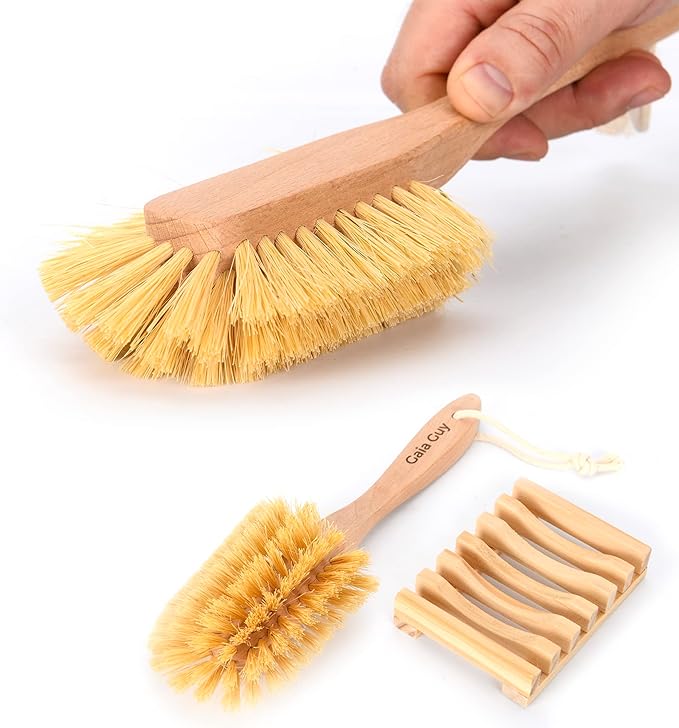 (NO Plastic) Dish Washing Brushes and Sponges, 2 Wood Brushes + 10 Natural Sponges + 5 Loofahs+ 2 Wood Brush Holders, Plastic Free Kitchen Cleaning Brushes (Zero Waste Kit)