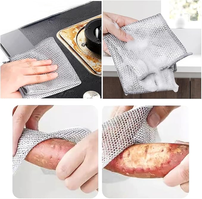 YinQin 6 PCS Double Layer Stainless Steel Scrubber Wire Dishwashing Cloth Non Scratch Stainless Steel Mesh Dish Cleaning Cloth 20x20 cm Metallic Wire Cleaning Rag Towel for Kitchen Dish Sink Stove Top