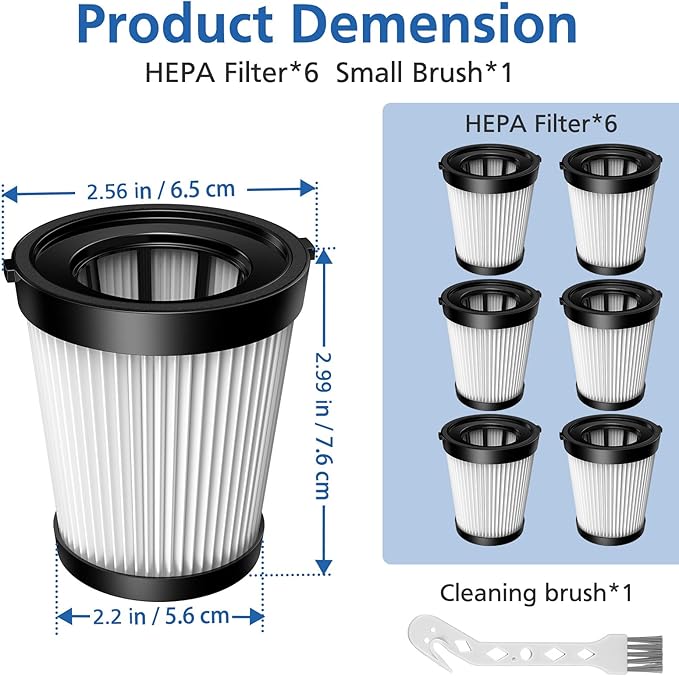 6 Pack FSV001 HEPA Filter Compatible with Fabuletta FSV101, FSV001, Girnoor G160&G165, Afoddon A300, Lubluelu 202, Oraimo OSV-102/225A, Besswin W26 Cordless Stick Vacuum Cleaners, Nequare Vacuum S181