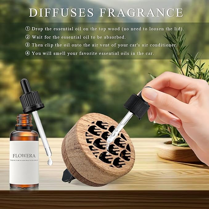 2 PCS Wood Car Essential Oil Diffuser, Wooden Aromatherapy Essential Oils Diffuser with Vent Clip, Wood Vent Clip Air Freshener for Vehicle Office Home Bedroom (Plant)