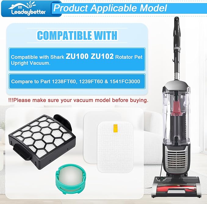 Leadaybetter ZU102 Filter Replacement Parts for Shark ZU100 ZU102 Rotator Pet Upright Vacuum, 2 HEPA +6 Foam & Felt Filters +4 Odor Neutralizer Cartridge, Parts # 1238FT60 & 1239FT60 & 1541FC3000