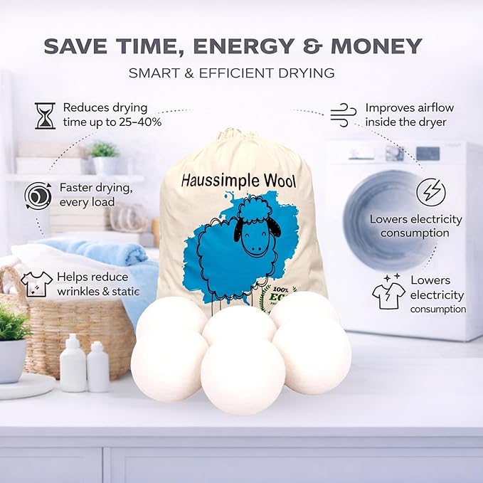 Wool Dryer Balls 6-Pack 100% Natural New Zealand Wool, Handmade in Nepal Reusable Laundry Balls, Faster Drying, Softer Clothes, Anti-Static, Dryer Sheets Alternative (Plain White)