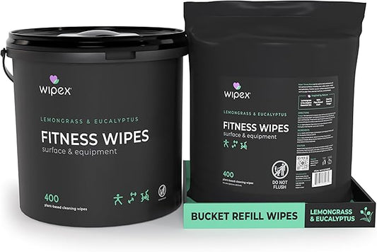Wipex Gym Cleaning Wipes Bundle – EWG Verified - Get 800 Wipes with (1) Lemongrass & Eucalyptus Bucket & (1) Refill Roll, Plant-Based Fitness Equipment Cloth, Clean Surfaces & Mats