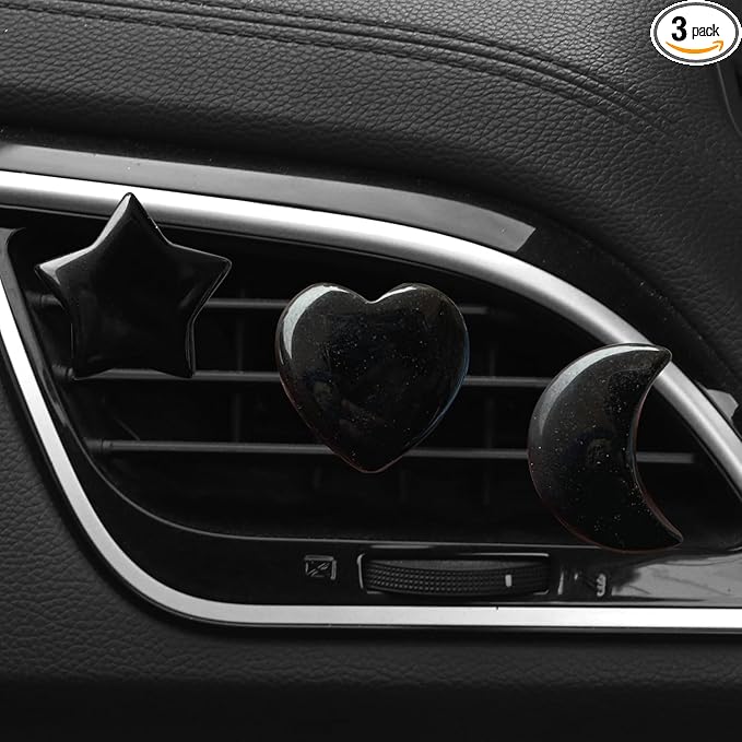 Set of 3 Crystal Stone Car Air Vent Clips, Moon Star Heart Quartz Charm Car Air Freshener Clip, Air Conditioning Outlet Clip, Cute Car Interior Decoration Accessories for Men Women (Black, Unscented)