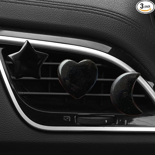 Set of 3 Crystal Stone Car Air Vent Clips, Moon Star Heart Quartz Charm Car Air Freshener Clip, Air Conditioning Outlet Clip, Cute Car Interior Decoration Accessories for Men Women (Black, Unscented)