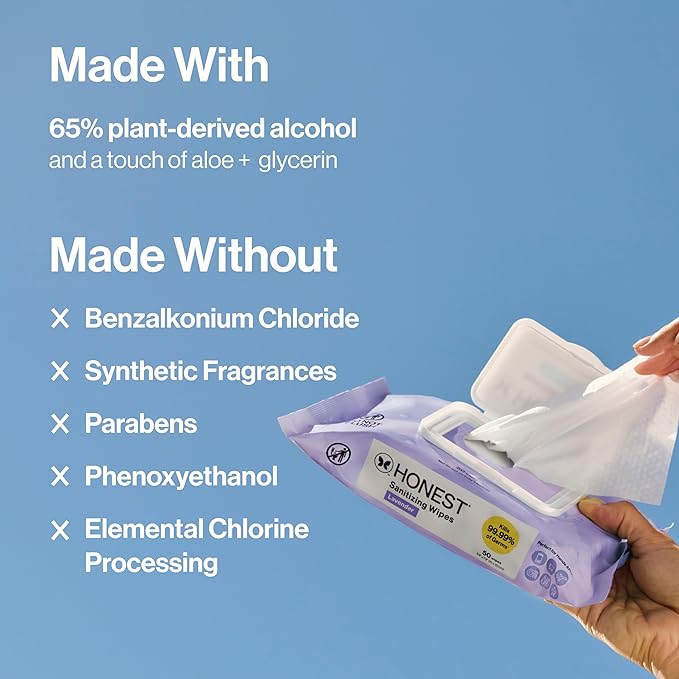 The Honest Company Lavender Sanitizing Wipes, Kills 99.99% of Germs, Safe for All Hands, Antibacterial, Dermatologist Tested, 50 Count