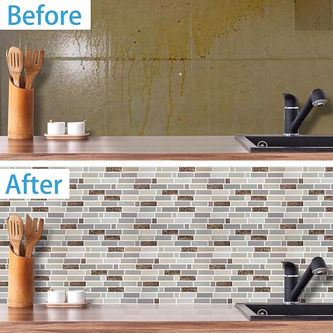 Peel and Stick Backsplash Tiles for Kitchen,Large Design Premium 3D Self-Adhesive Stick on Backsplash for Kitchen,Living Room,Bedroom,etc,10-Sheet of 12"×12" Brown Marble Peel and Stick Decor