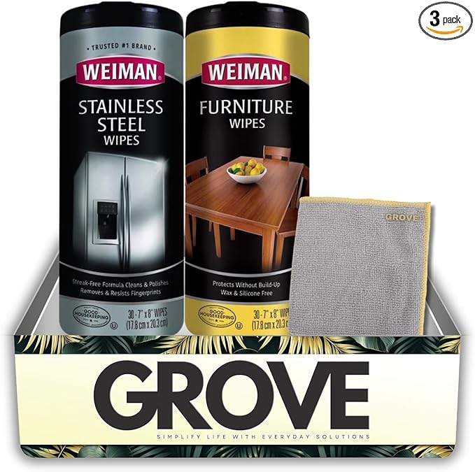 Weiman Wood Cleaner and Polish Lemon Scent Wipes & Stainless Steel Cleaner Fresh Scent Wipes Bundle with Microfiber Cloth – Furniture and Surface Care Gift Set (3 Items)