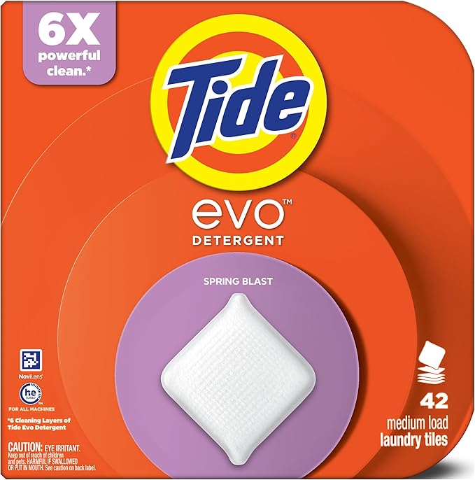 Tide evo Spring Blast Scent Laundry Detergent Fiber Tiles Works on 100% of Common Stains Safe for All Machines and Water Conditions Concentrated HE Compatible Clean and Instant Dissolve, 42 Count