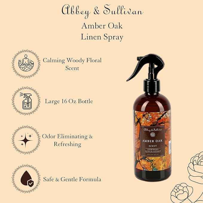 Abbey & Sullivan Linen Spray, Amber Oak, Fabric Freshener and Fragrance Room Spray, Pack of 2, 16 oz