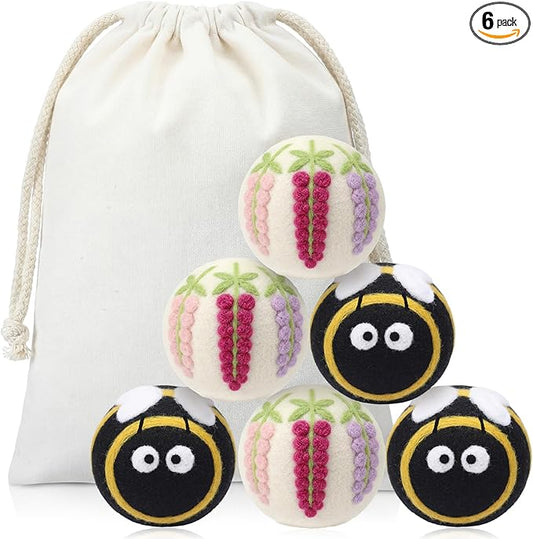 Soulchen 6 Pack Reusable Wool Dryer Balls with Cute Design, Laundry Accessories for Efficient Drying Soften Laundry Reduce Wrinkles Static Pet Hair Remover (Bee Flower)