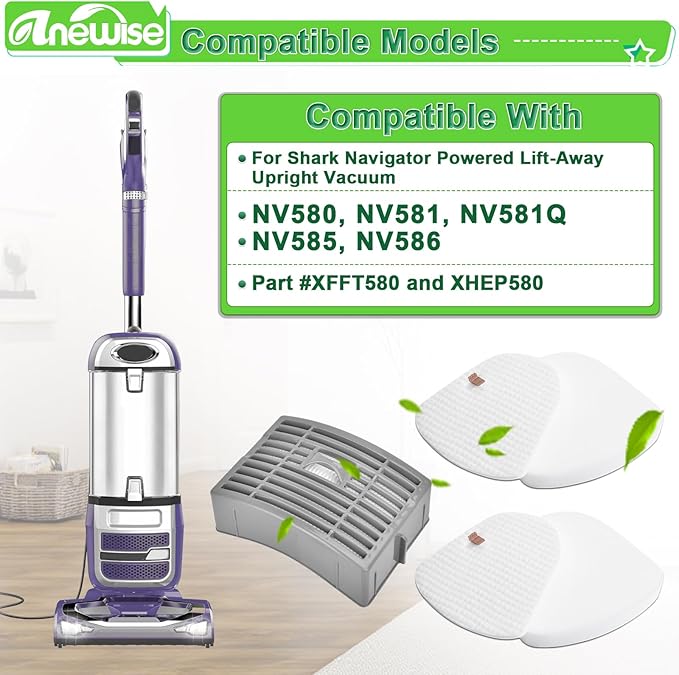 1+2 Filter Replacement for Shark Navigator NV586 NV581 NV581Q NV580 NV585 Powered Lift-Away DLX Upright Vacuum, 1 HEPA and 2 Foam Felt Filters, Part # XFFT580 & XHEP580