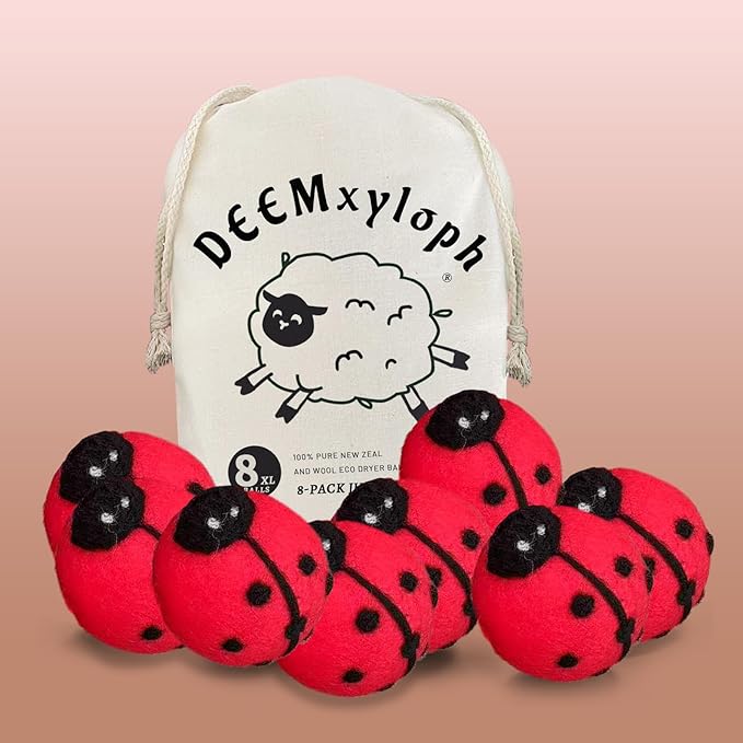 Ladybug Pattern Wool Dryer Balls (8pcs/3"),Friendly Dryer Sheet Alternative, Red & Black Colorway, All-Season Use - Reduce Wrinkles & Lint for Bedding, Towels, Everyday Wear