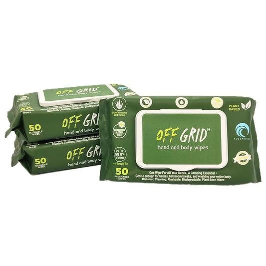 OFF GRID Hand and Body Wipes | Trusted Wipe of the US Military | Alcohol-Free Wipes | Plant-Based Wipes for Camping, Hiking, & More | Travel-Friendly & Flushable | 3 Pack