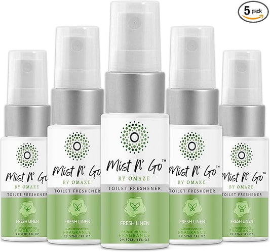 Mist N' Go by Omaze Travel Bathroom Spray - Toilet Odor Eliminator & Air Freshener - Fresh Linen (1oz x5)
