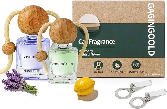 Car Air Freshener Hanging 2 Pack, Lavender & Lemon Grass Scent Essential Oil Diffuser Long Lasting Up to 150 Days, Cute Car Accessories with 2 Vent Clip for Women Men Gift, Odor Eliminator
