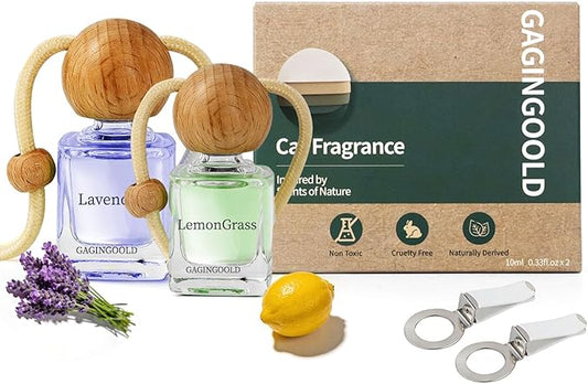 Car Air Freshener Hanging 2 Pack, Lavender & Lemon Grass Scent Essential Oil Diffuser Long Lasting Up to 150 Days, Cute Car Accessories with 2 Vent Clip for Women Men Gift, Odor Eliminator