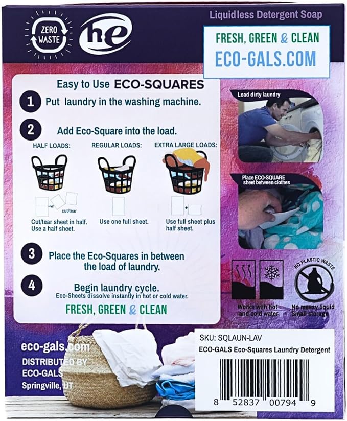 Eco-Squares laundry detergent sheets with zero waste dry soap technology for cleaning linen and clothes in regular and high efficiency top and front load washing machines, Lavender
