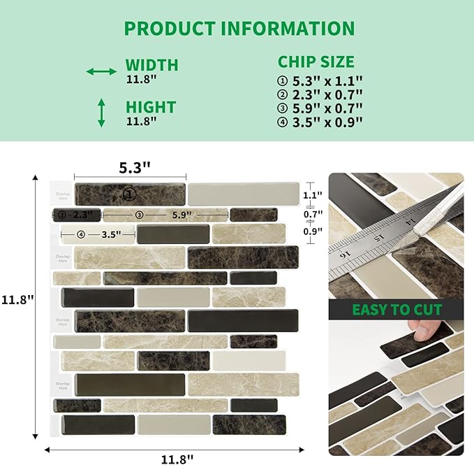 LONGKING 10-Sheet Brown Peel and Stick Backsplash Tile for Kitchen, Vinyl Stick on Tile Stickers for Wall, Kitchen, Bathroom, Counter Top
