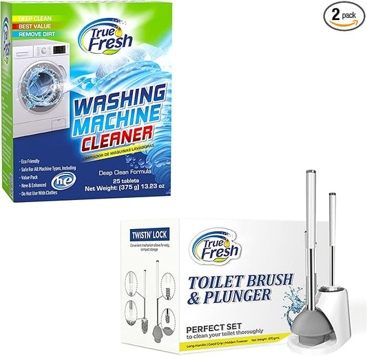 True Fresh 15-Pack Washing Machine Cleaner Tablets (12-Month Supply) & 2-in-1 Toilet Brush & Plunger Set - Ultimate Deep Cleaning for a Fresh, Sparkling Home