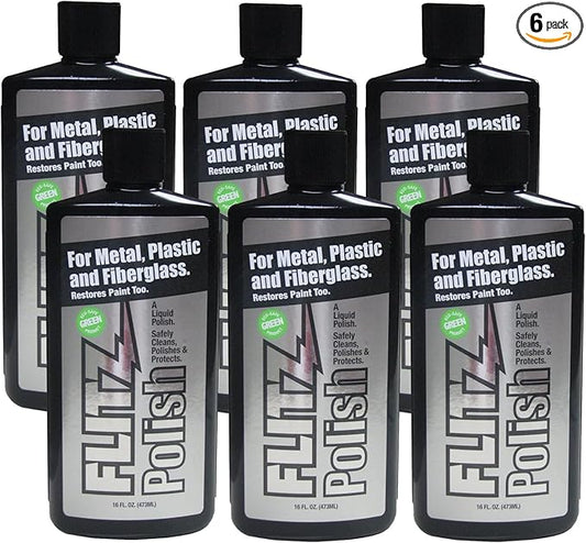 Flitz Multi Purpose Metal Polish Liquid - 16oz Bottle of USA-Made Tarnish Remover - For Aluminum, Chrome, Brass, Nickel, Silver - Non-Abrasive Metal Cleaner and Polish, Restorer (6 Pack)