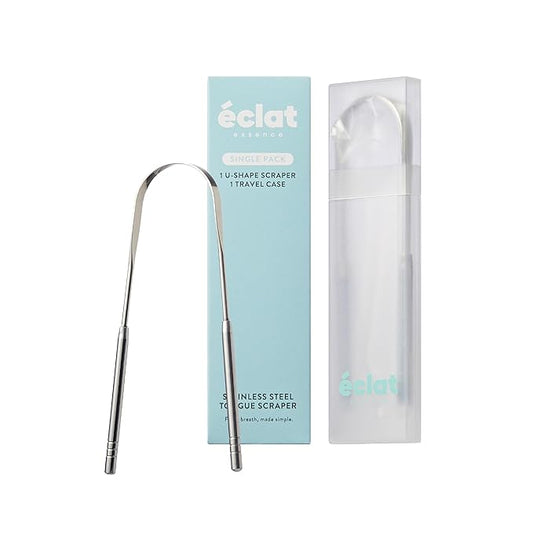 Éclat Stainless Steel Tongue Scraper with Travel Case, Tongue Cleaner for Fresh Breath & Oral Hygiene, Flexible, Durable, Easy-to-Use, Non-Irritating for Oral Care (Single (U Shape))