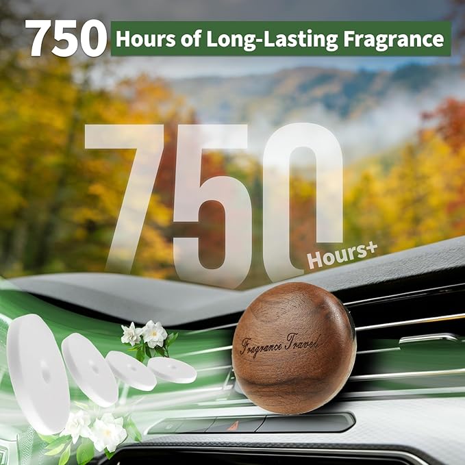Wooden Car Air Freshener Vent Diffuser, Dark Brown Walnut Wood with Zinc Alloy Base, Refillable Essential Oil Compatible Car Vent Clip, Includes 4 Scented Pads, Long Lasting Natural Diffuser