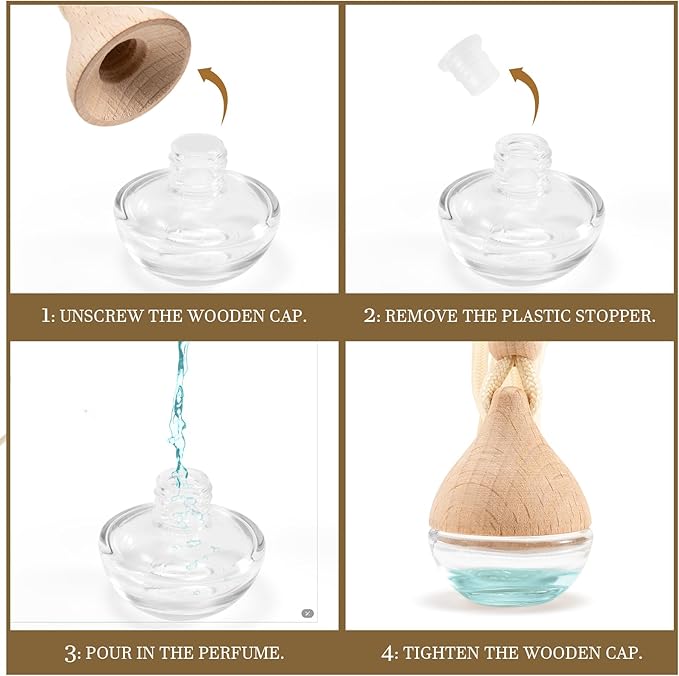 Refillable Car Air Freshener Hanging Diffuser, Empty Glass Bottle with Reed Sticks for Essential Oils, Car Scent Diffuser and Aromatherapy Pendant Decor for Women and Men (4PCS)